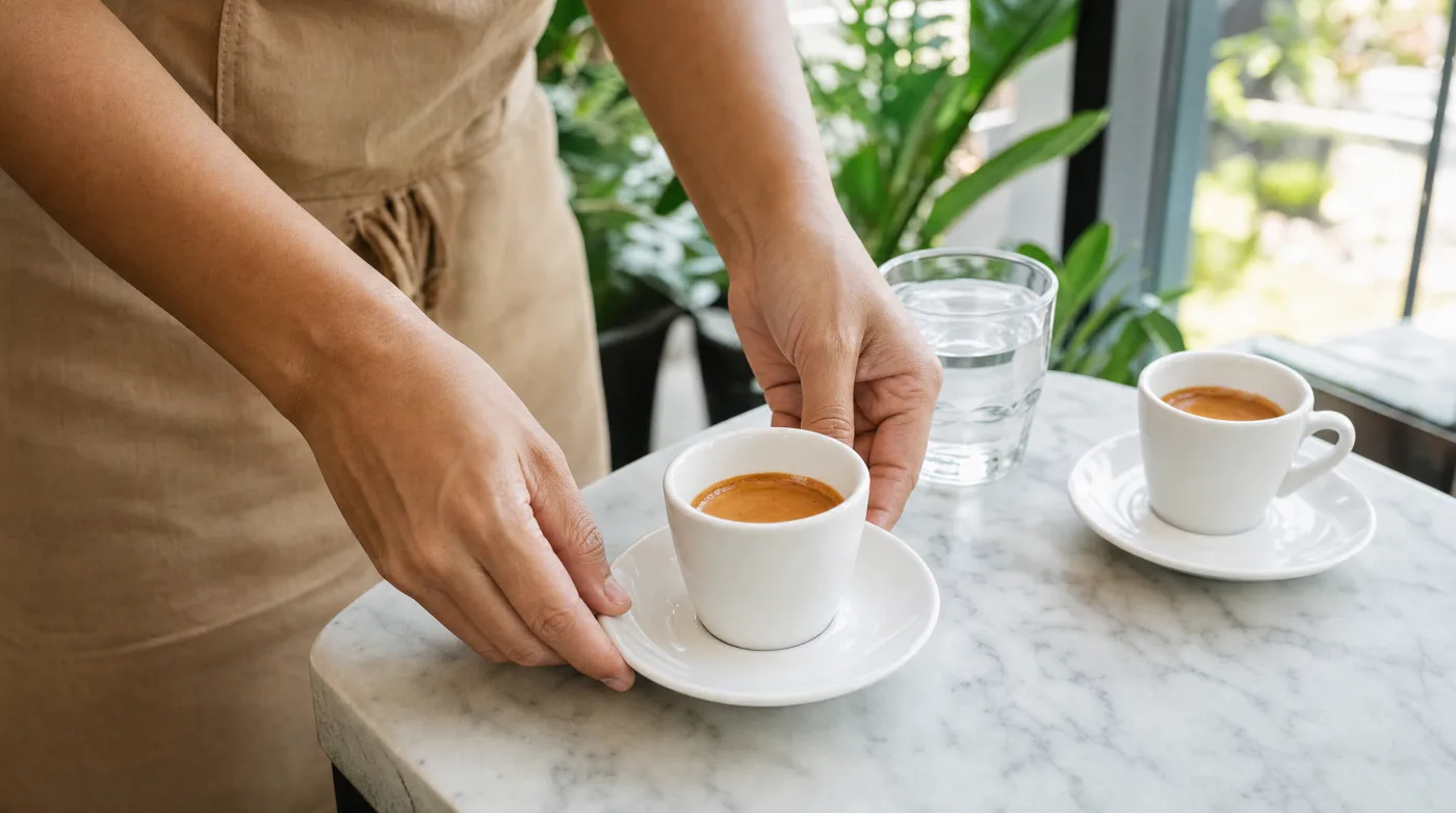 Barista setting a fresh espresso on a marble counter in a Bangkok coffee bar