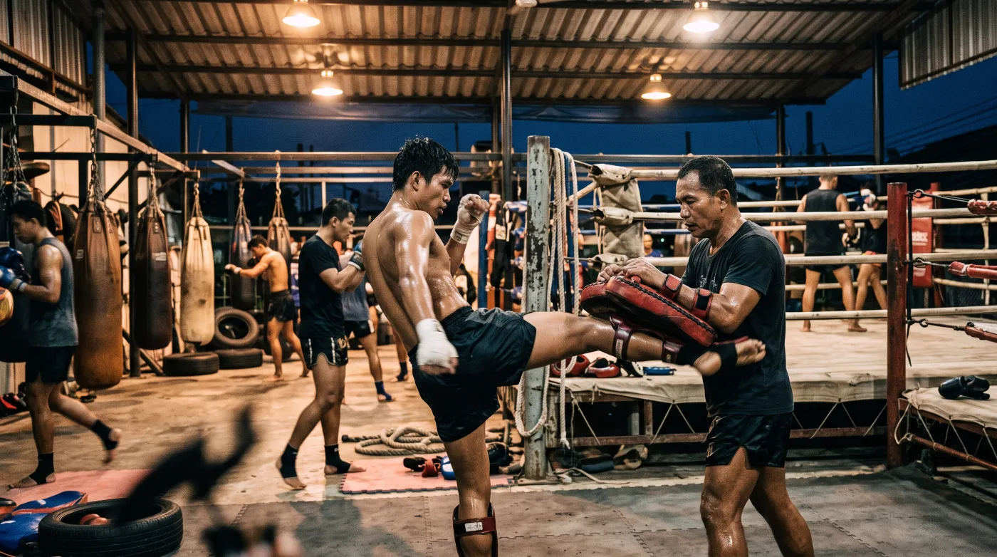 Muay Thai fighter kicking pads held by a coach in an open-air training gym at dusk