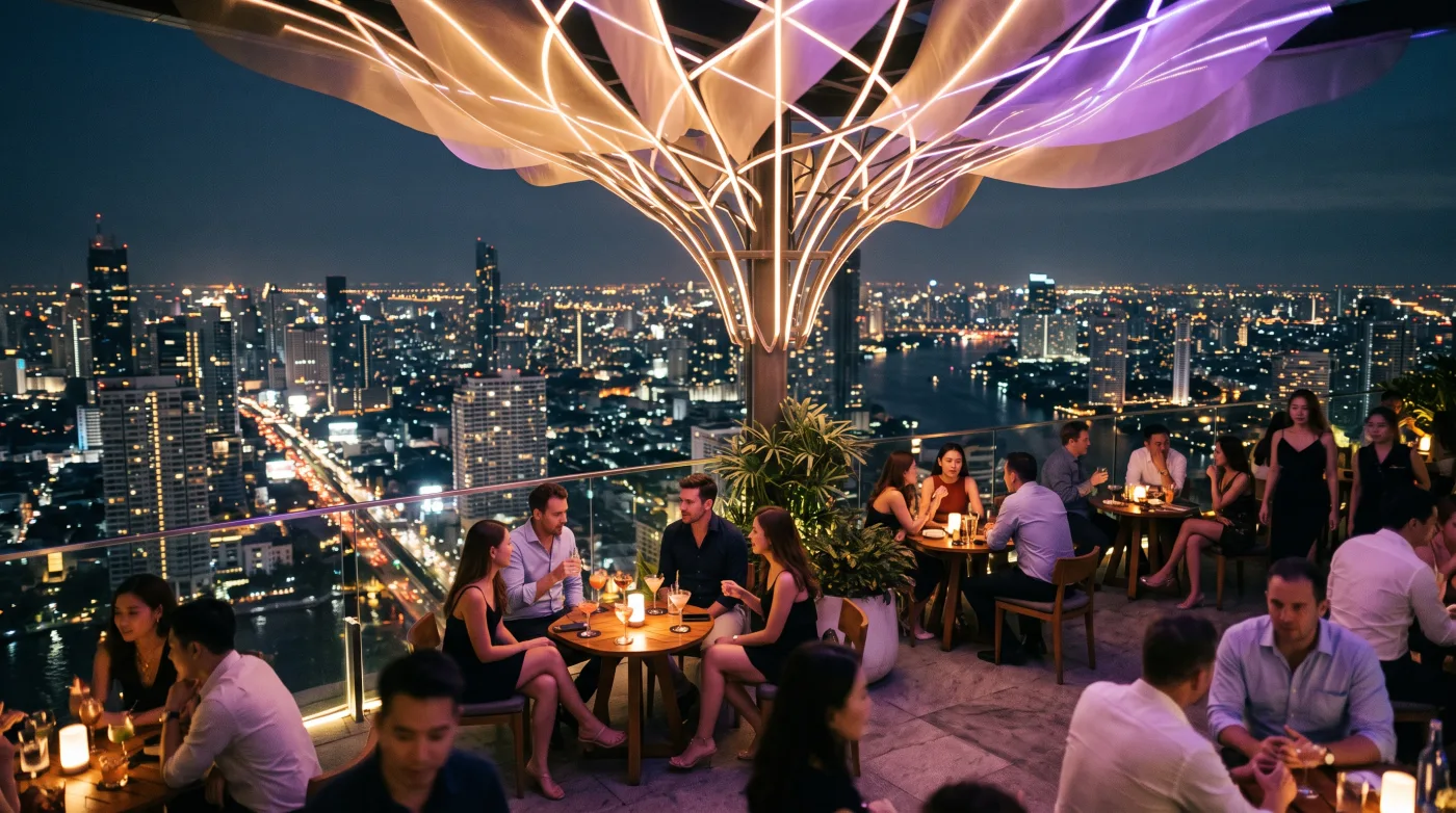 Rooftop bar with a glowing tree-shaped light canopy above tables and the Bangkok skyline at night
