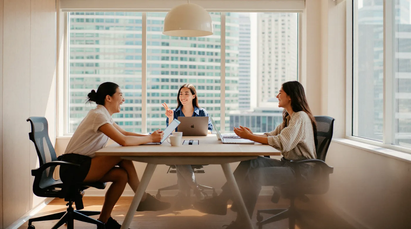 Three colleagues meeting in a glass room with Sathon towers behind them