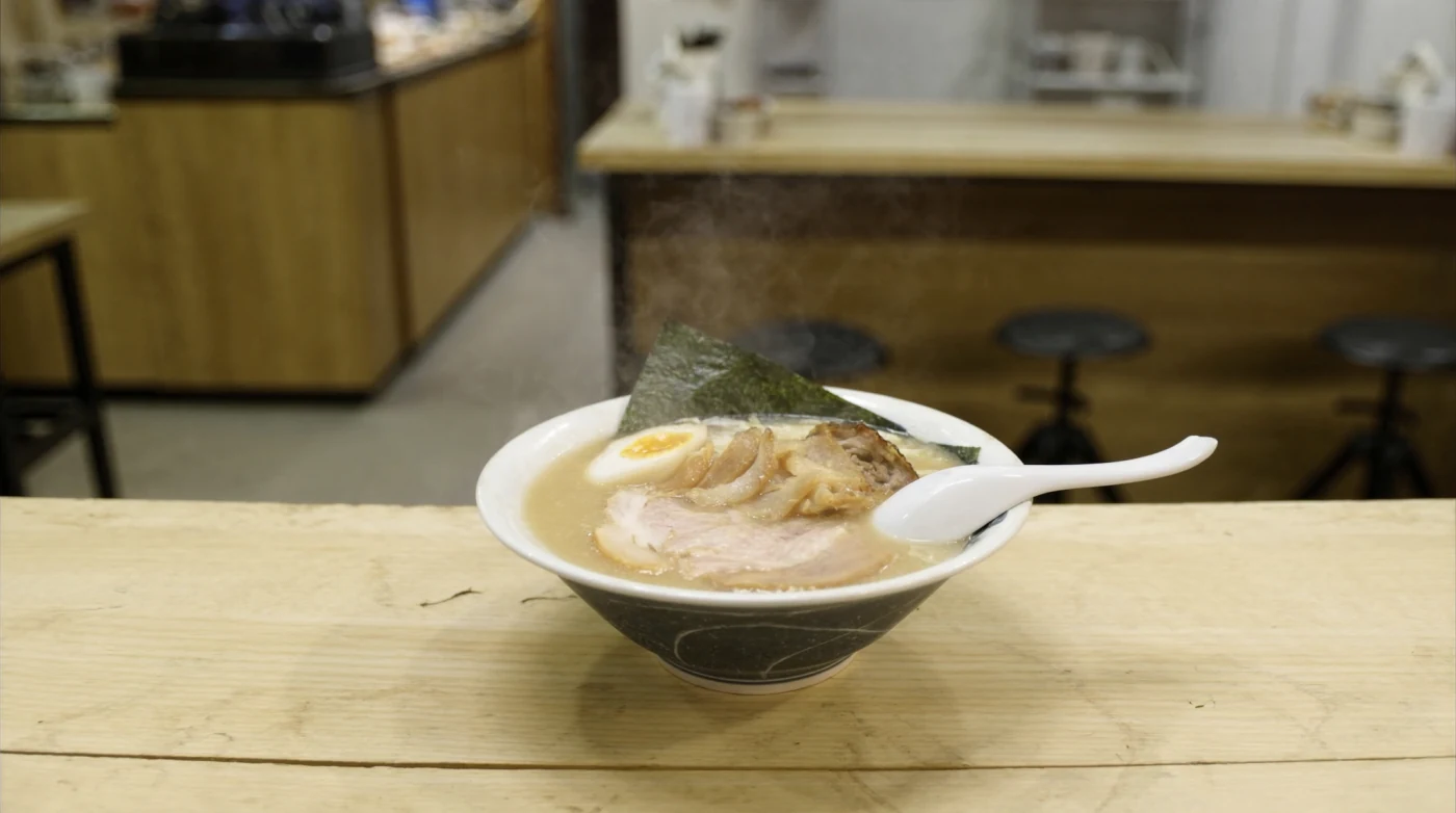 Bowl of ramen with chashu, egg and spring onion on a wooden counter