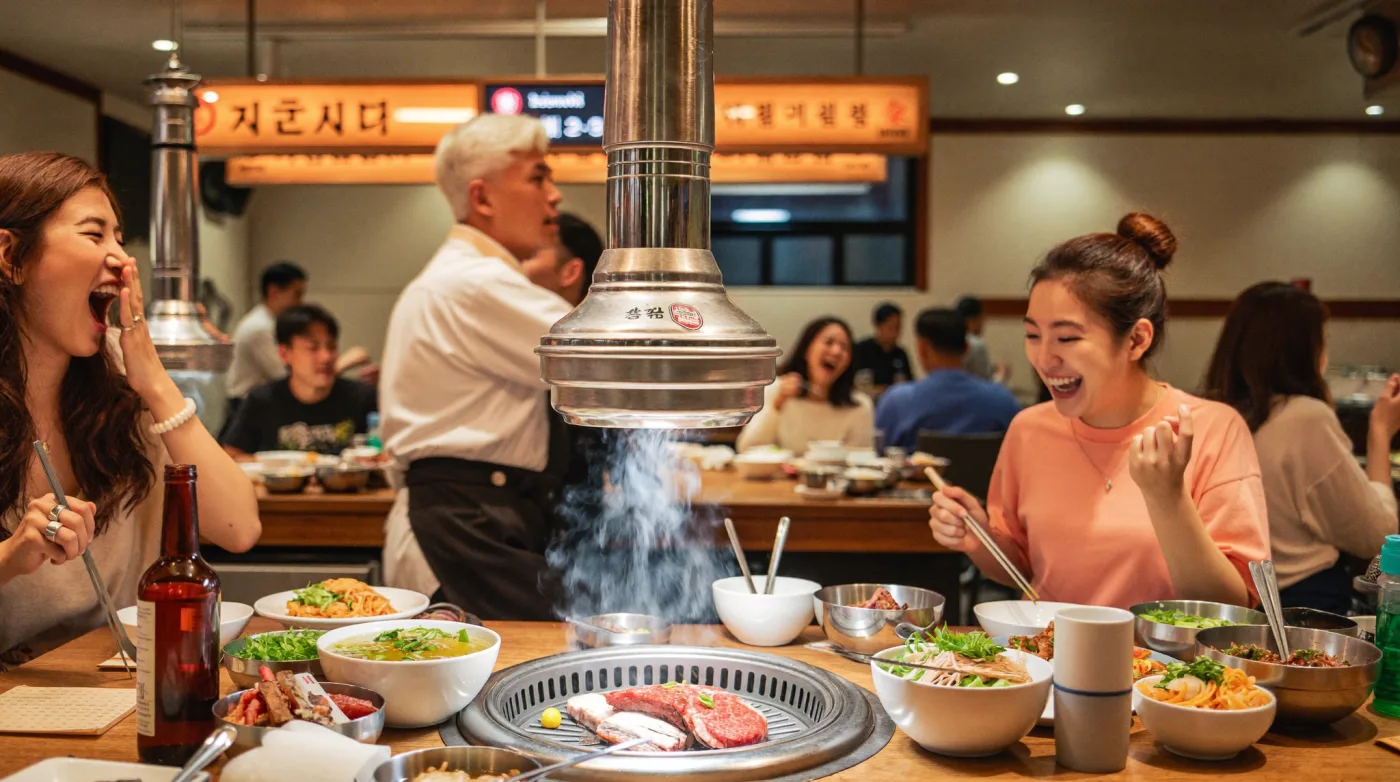 Friends laughing over sizzling meat under the extraction hoods at a Korean barbecue in Bangkok