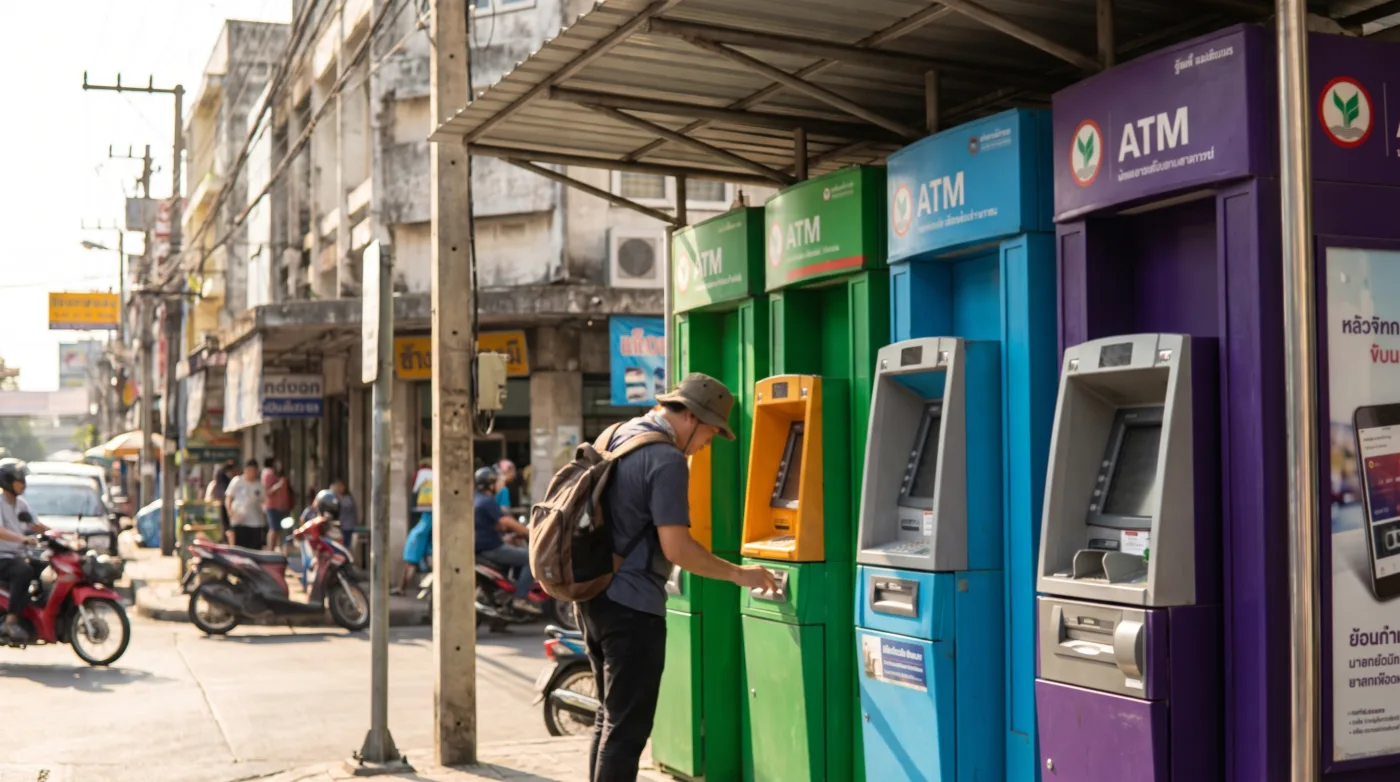 Row of Thai bank ATMs along a Bangkok street
