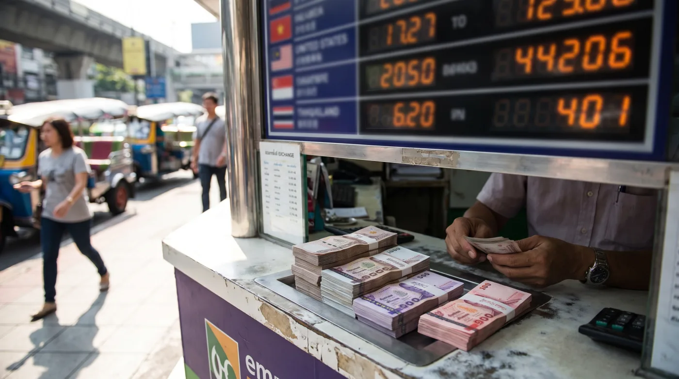 Currency exchange booth in Bangkok with stacks of Thai baht on the counter