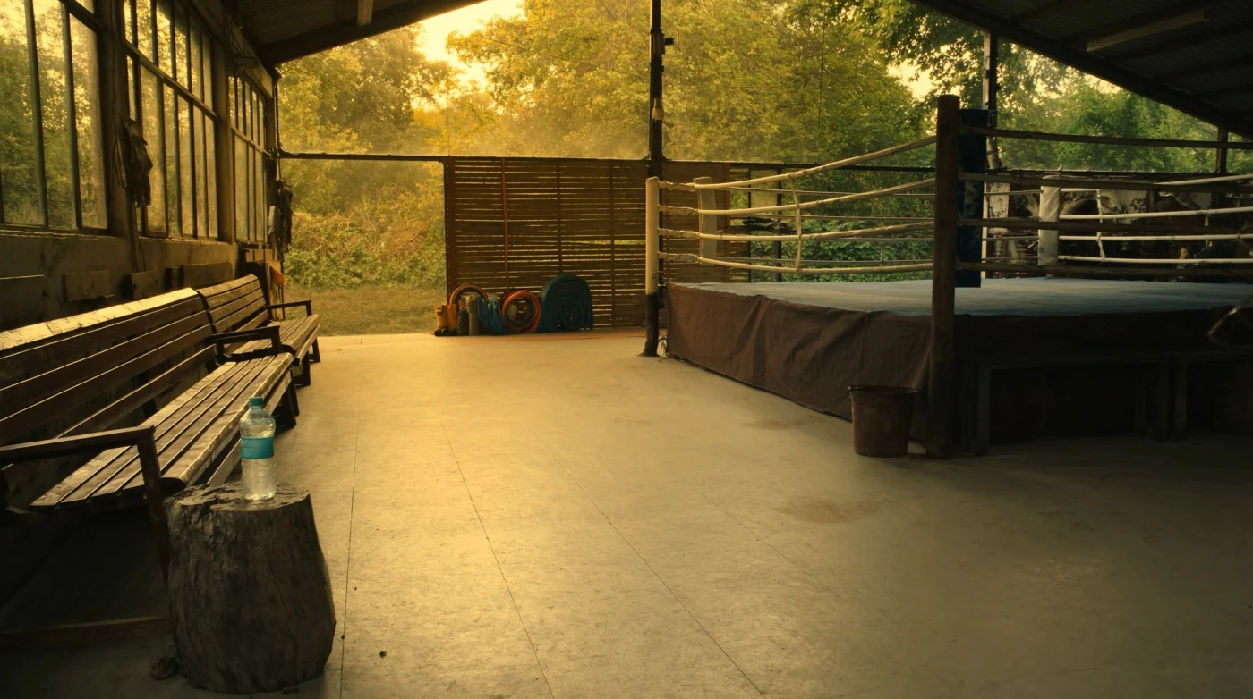 Empty boxing ring under overhead lights in a Bangkok Muay Thai camp