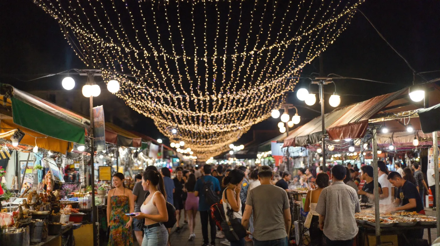 Rows of lit food stalls at a Bangkok night market after dark