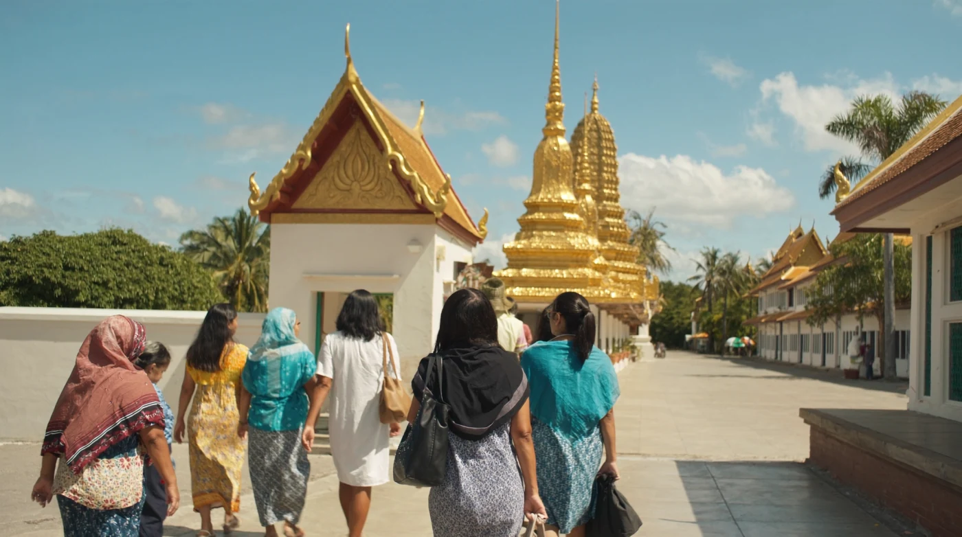 Visitor in long trousers and a covered shoulder shirt walking near a Bangkok temple wall