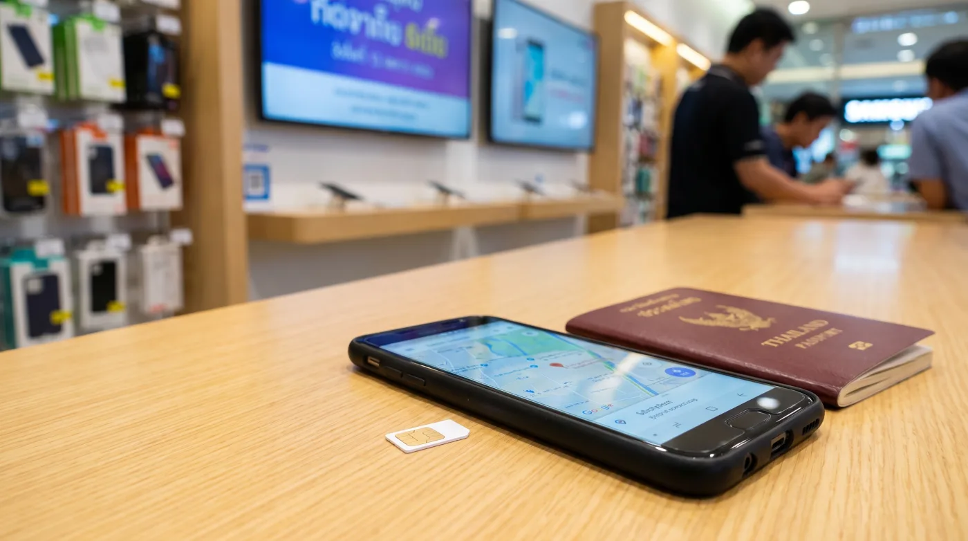 SIM card, smartphone and passport on a bright telecom shop counter