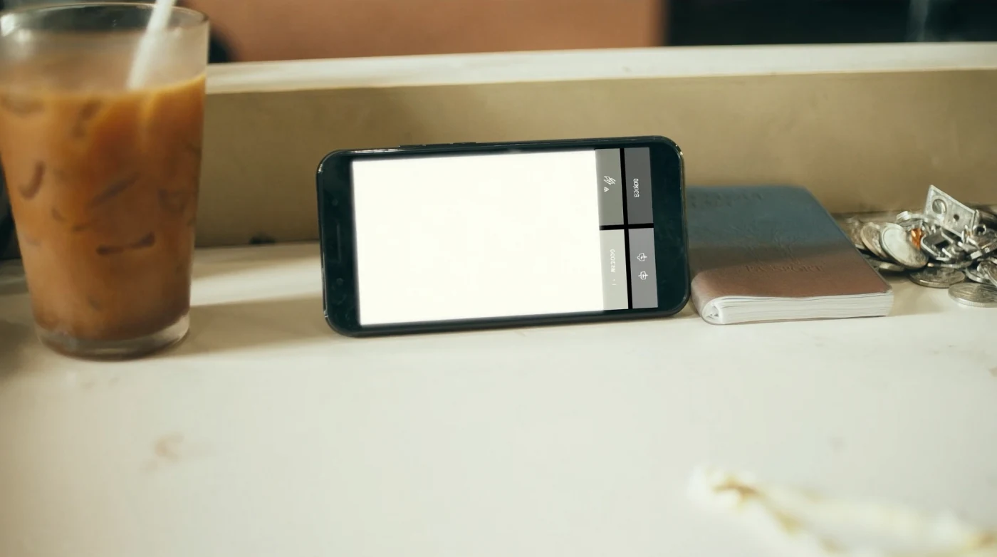 Smartphone on a cafe table beside a passport and a notebook