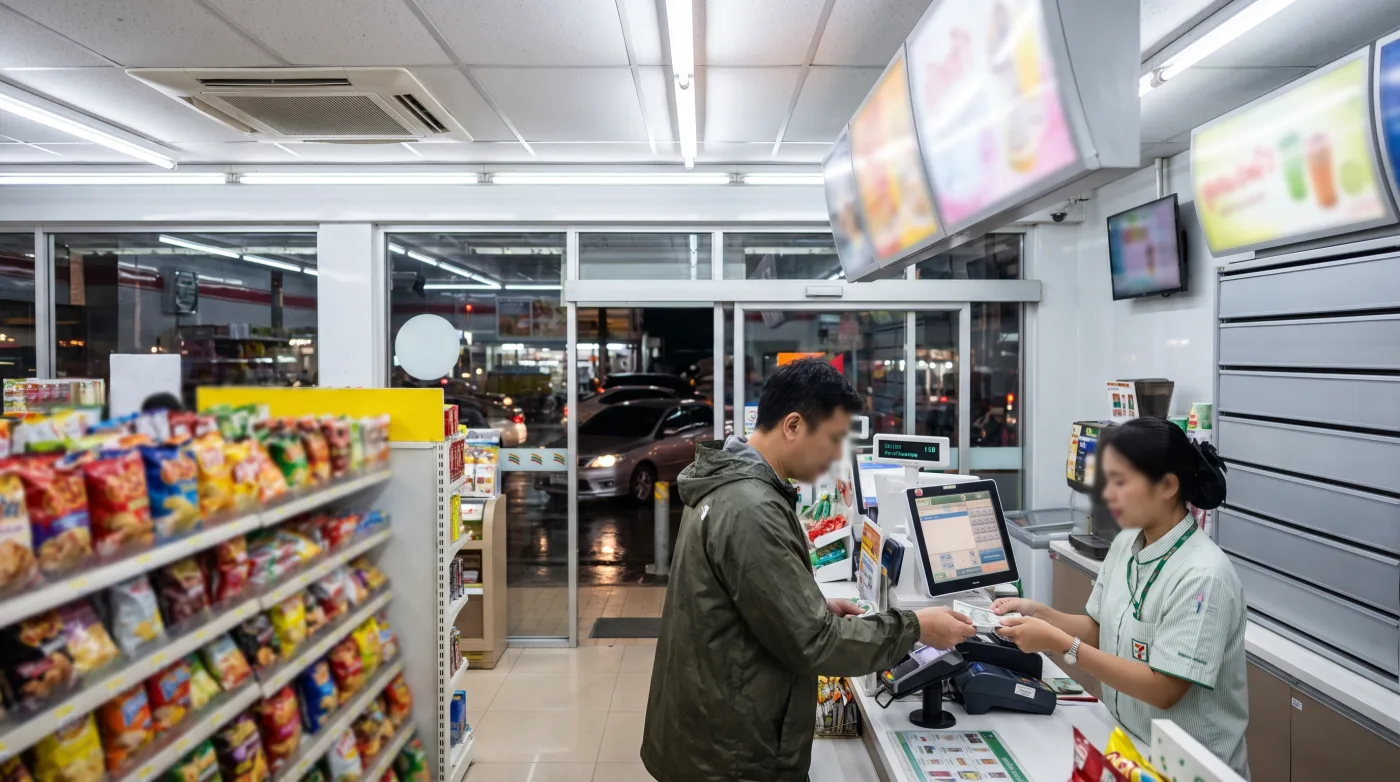 Brightly lit Bangkok convenience store at night