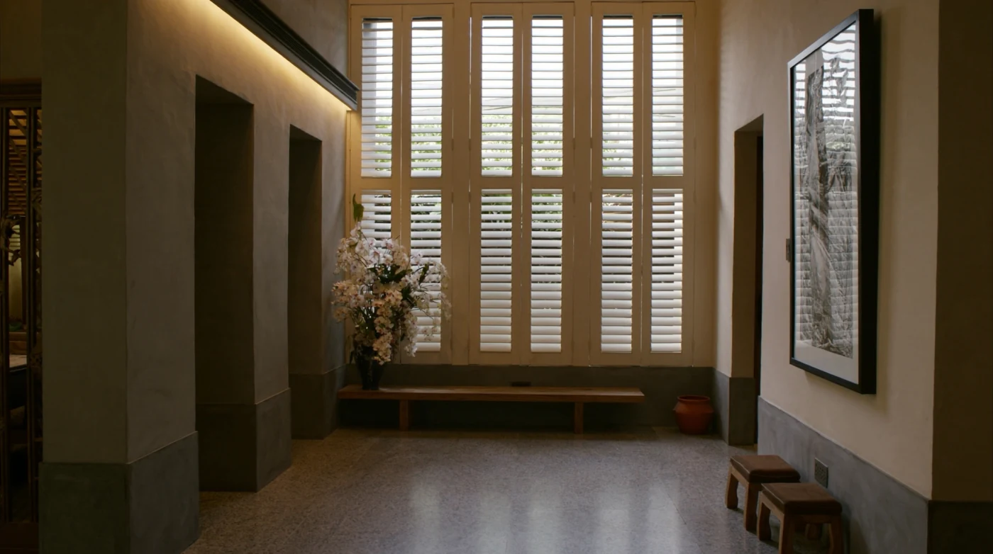 Spa reception lounge with wooden panelling, plants and warm lighting