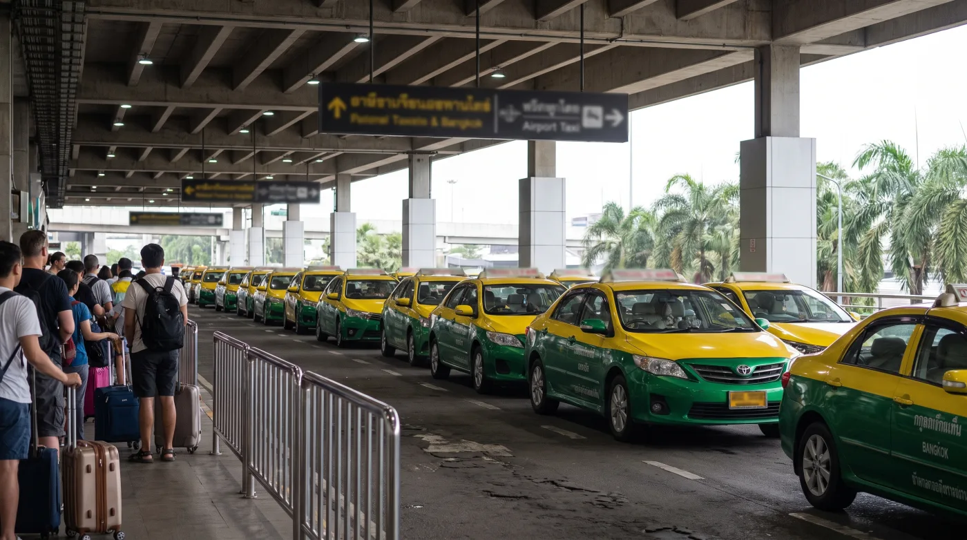 Row of green-and-yellow public taxis at the Suvarnabhumi taxi rank